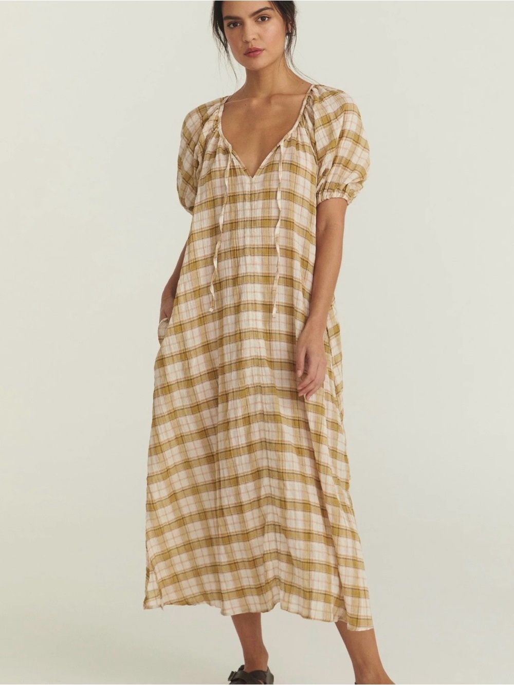 Opia Clothing Dory Midi Smock Dress Size M/L in Mustard Plaid